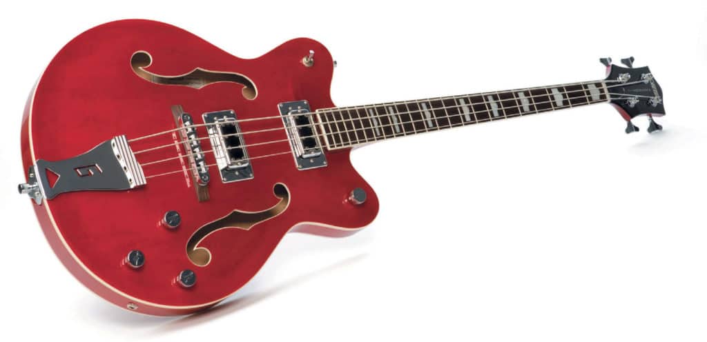 Hollowbody-E-Bass von Gretsch, rot, liegend