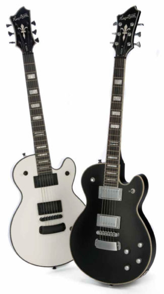 Weiße und schwarze E-Gitarre im Les-Paul-Stil