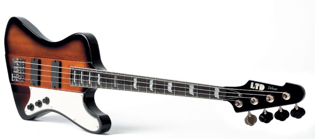 E-Bass von ESP LDT Deluxe, braun-weiß, liegend