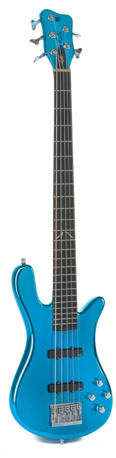 Warwick-Bass. fünfsaitig, blau, stehend