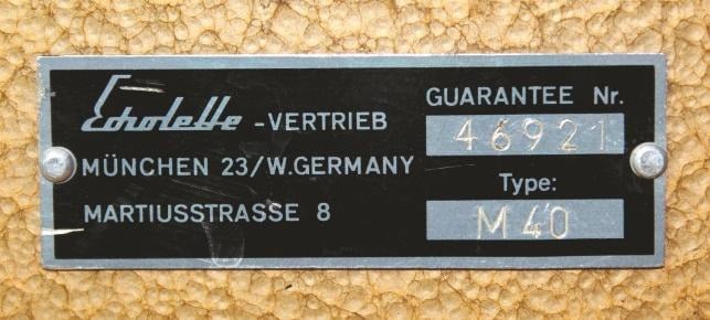 Das Typenschild mit Seriennummer 1964 Klemt Echolette M40