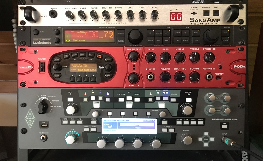 Tech 21 SansAmp RBI, TC Electronic G-Major, Line 6 POD XT Pro, Kemper Profiler